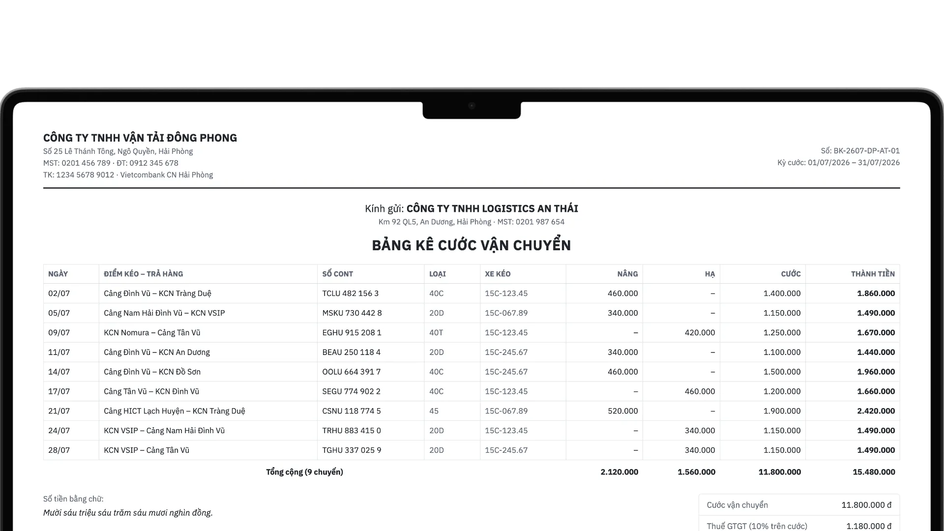 Bảng kê cước vận chuyển đầy đủ, gửi cho khách hàng