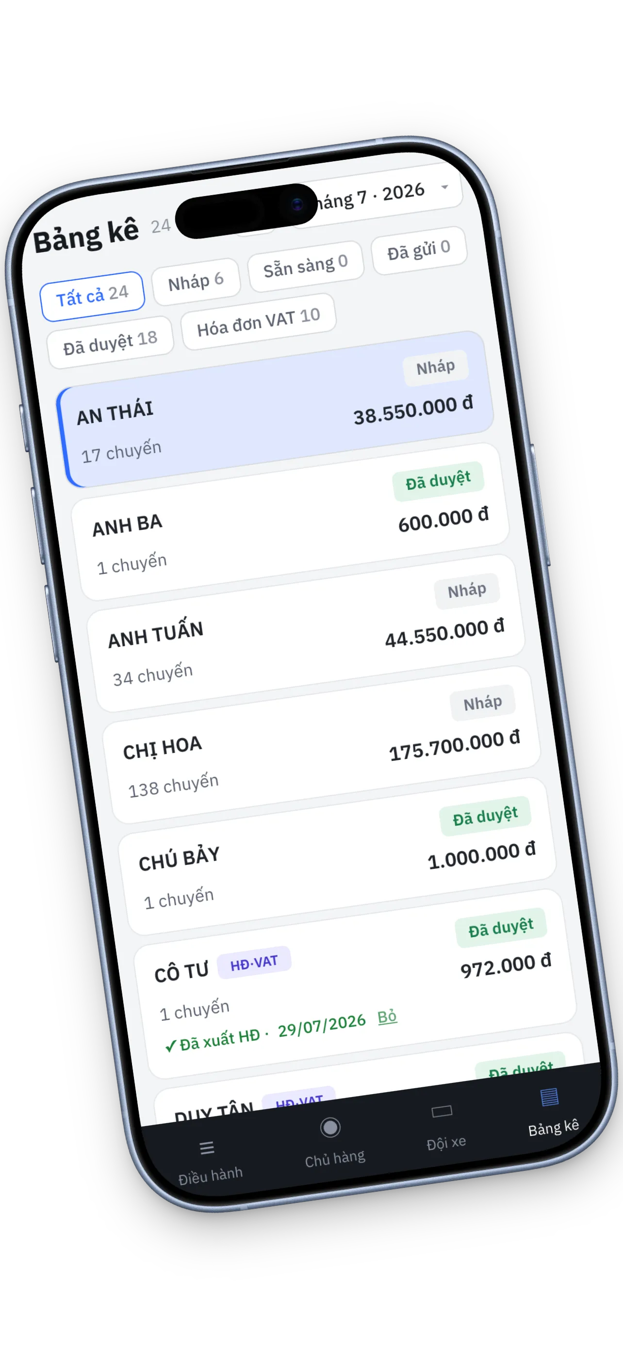 Màn hình bảng kê trong app Chuyến trên điện thoại