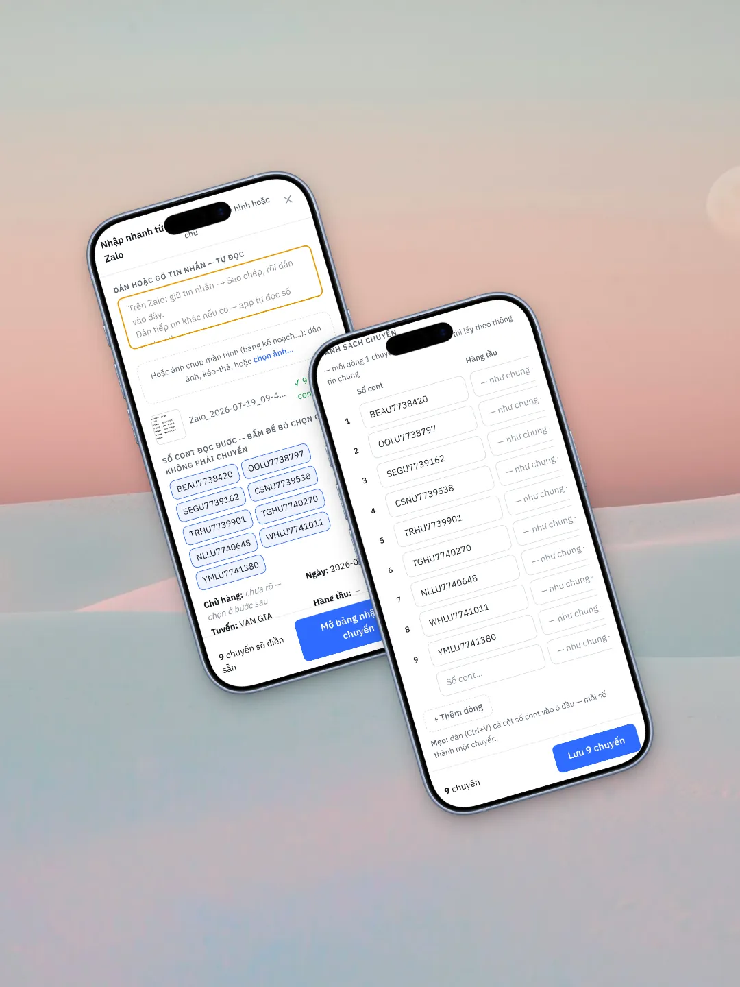 Màn hình nhập từ Zalo, app đọc số cont và điền sẵn thông tin chuyến